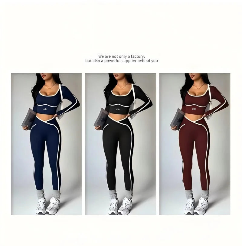 Women's Colour Block Yoga Set – Long Sleeve Crop Top & High Waist Leggings