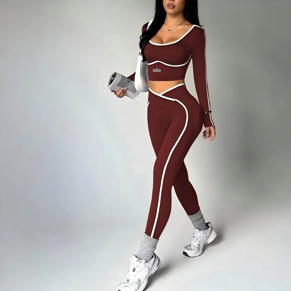 Women's Colour Block Yoga Set – Long Sleeve Crop Top & High Waist Leggings