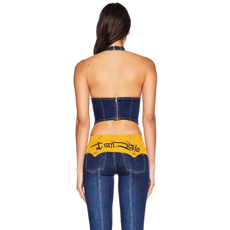 Women's Denim Corset Halter Top & Patchwork Jeans 2-Piece Set