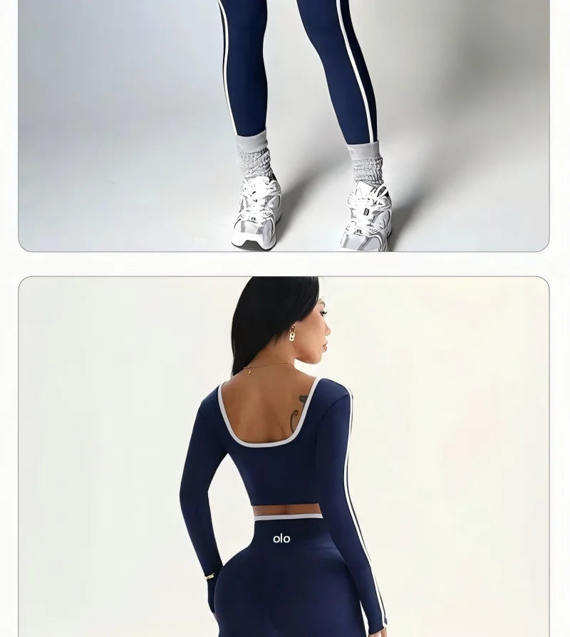 Women's Colour Block Yoga Set – Long Sleeve Crop Top & High Waist Leggings