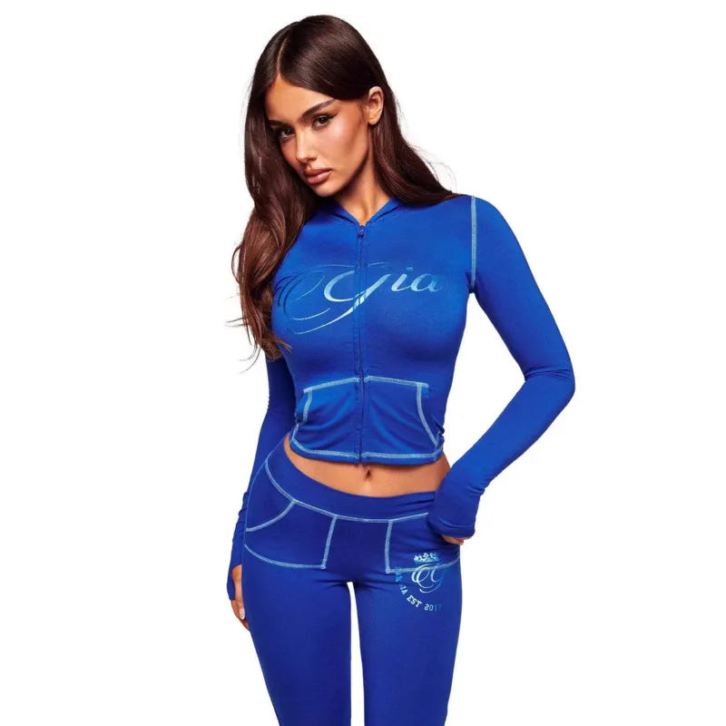 Women's Letter Print Zip-Up Jacket & Flared Pants 2-Piece Tracksuit Set