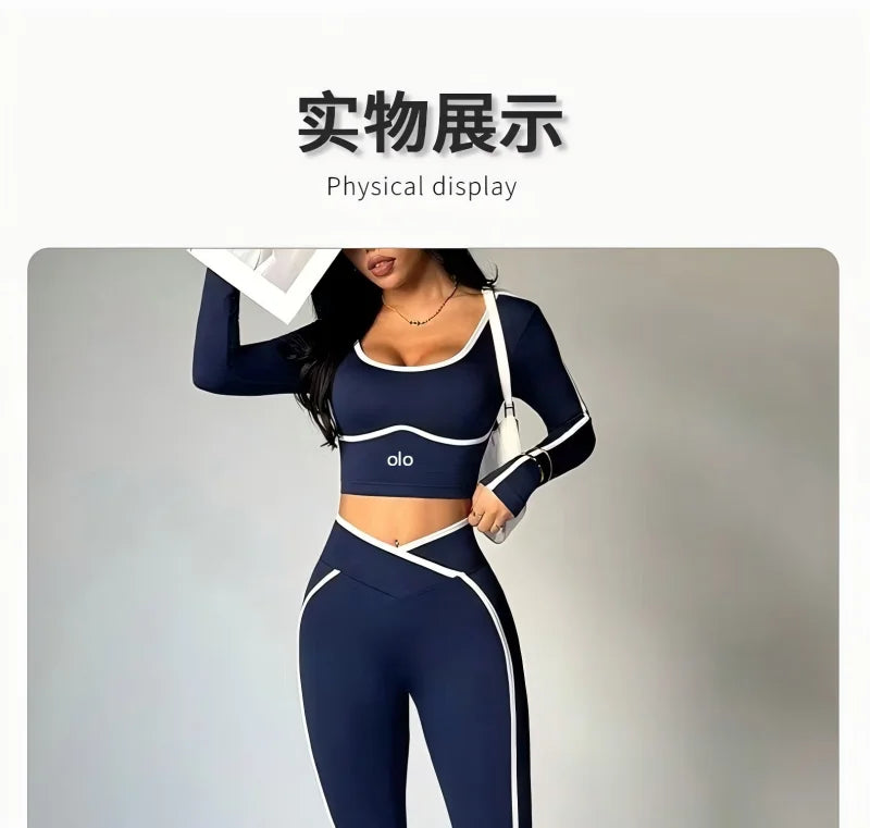 Women's Colour Block Yoga Set – Long Sleeve Crop Top & High Waist Leggings