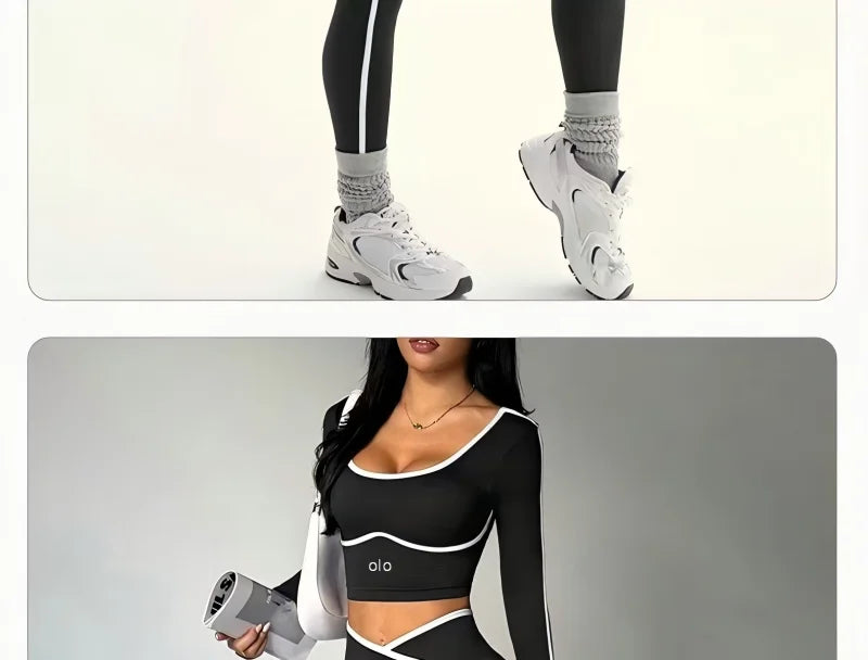 Women's Colour Block Yoga Set – Long Sleeve Crop Top & High Waist Leggings