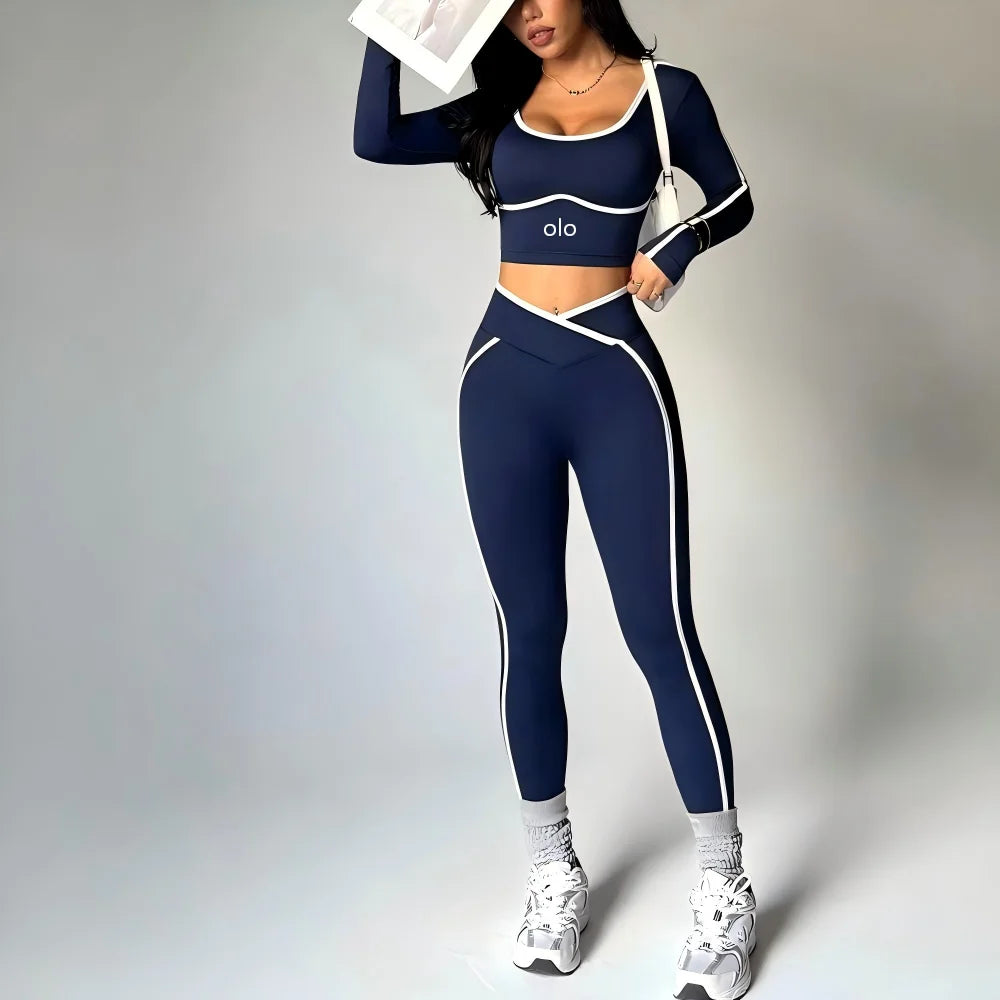 Women's Colour Block Yoga Set – Long Sleeve Crop Top & High Waist Leggings