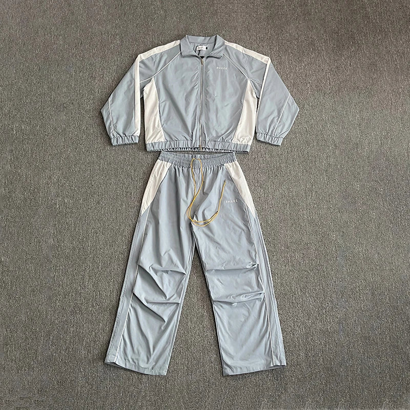 2026 New RHUDE Men's Style Embroidered Letter High Quality Stand Up Collar Windbreaker Pants Fashion Set