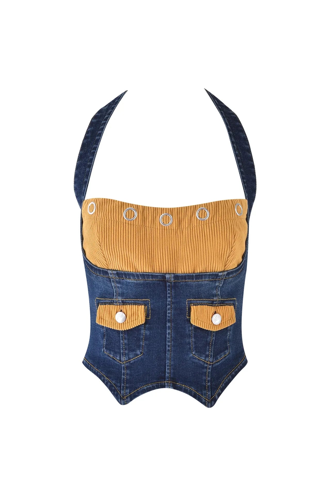 Women's Denim Corset Halter Top & Patchwork Jeans 2-Piece Set