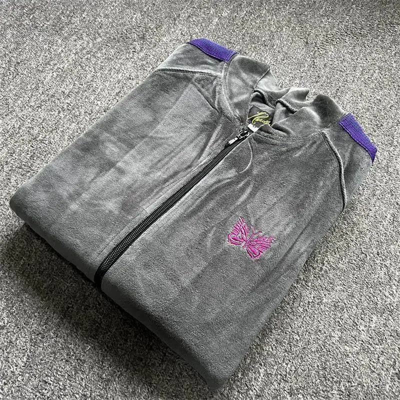 Unisex Embroidered Velvet Track Jacket – Streetwear Zip-Up
