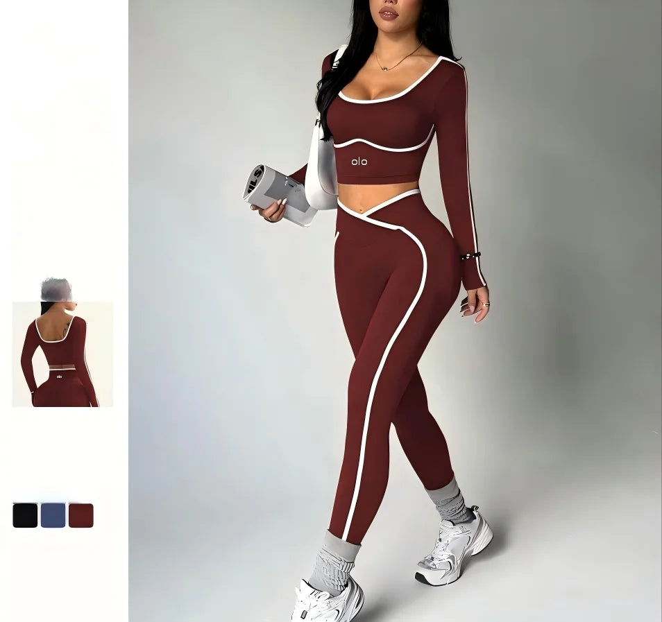 Women's Colour Block Yoga Set – Long Sleeve Crop Top & High Waist Leggings