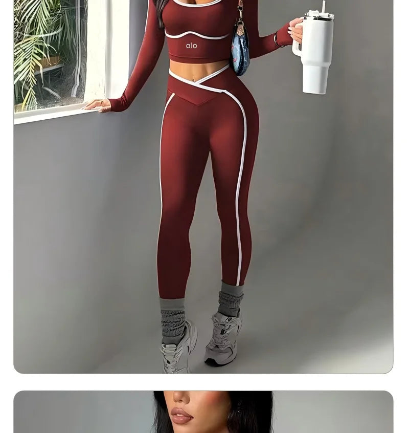 Women's Colour Block Yoga Set – Long Sleeve Crop Top & High Waist Leggings