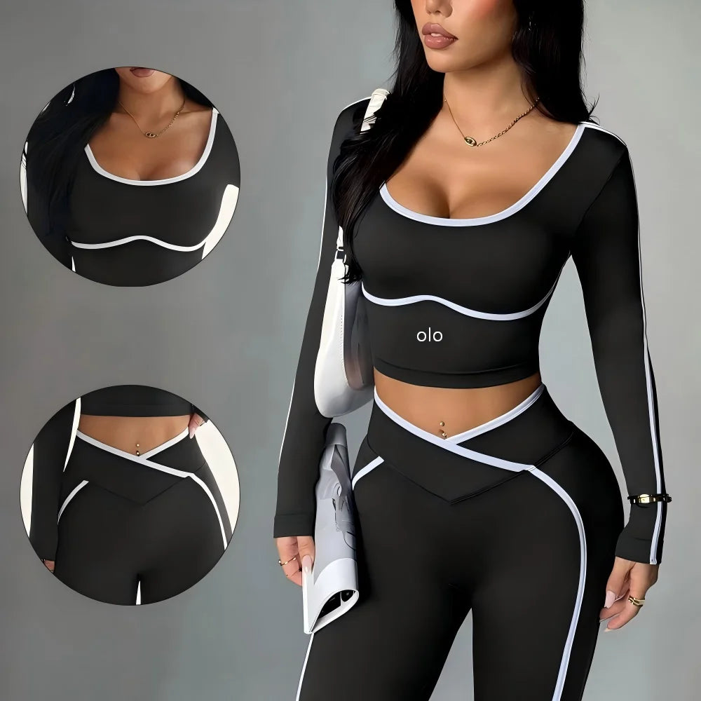 Women's Colour Block Yoga Set – Long Sleeve Crop Top & High Waist Leggings