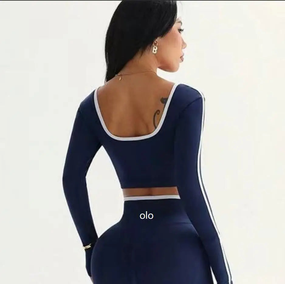 Women's Colour Block Yoga Set – Long Sleeve Crop Top & High Waist Leggings