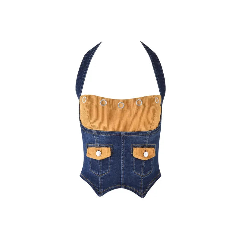 Women's Denim Corset Halter Top & Patchwork Jeans 2-Piece Set