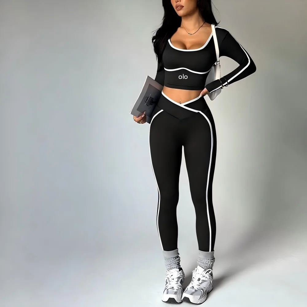 Women's Colour Block Yoga Set – Long Sleeve Crop Top & High Waist Leggings