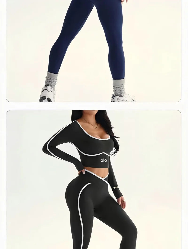 Women's Colour Block Yoga Set – Long Sleeve Crop Top & High Waist Leggings