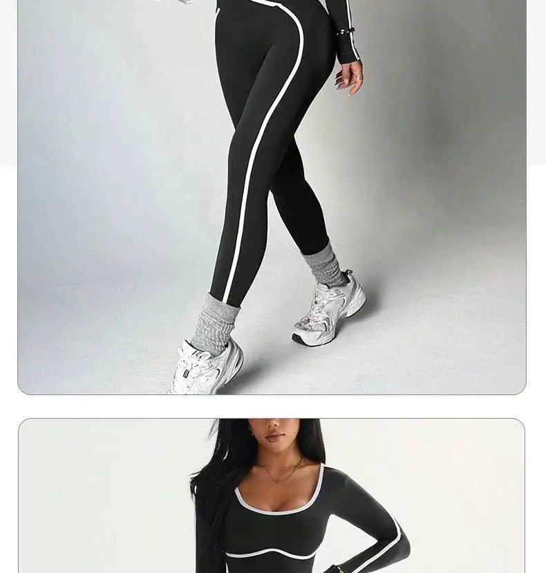 Women's Colour Block Yoga Set – Long Sleeve Crop Top & High Waist Leggings