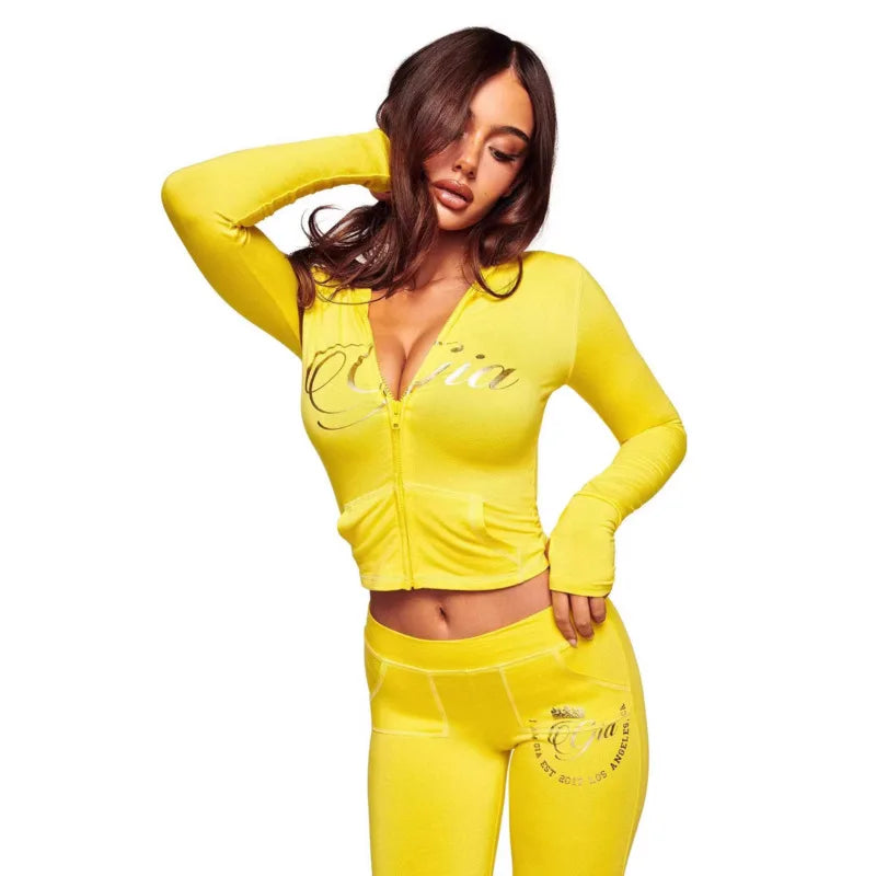 Women's Letter Print Zip-Up Jacket & Flared Pants 2-Piece Tracksuit Set