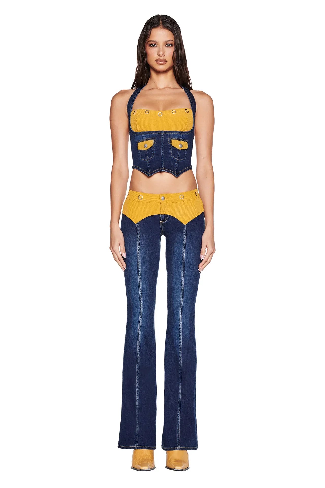 Women's Denim Corset Halter Top & Patchwork Jeans 2-Piece Set
