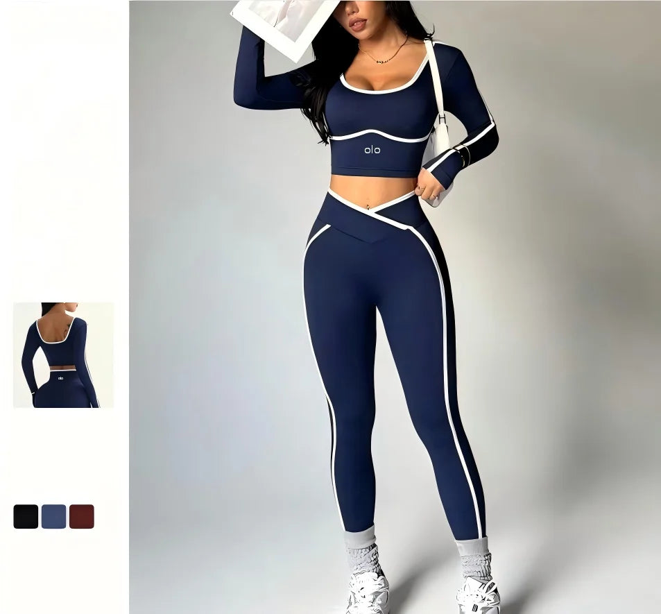 Women's Colour Block Yoga Set – Long Sleeve Crop Top & High Waist Leggings