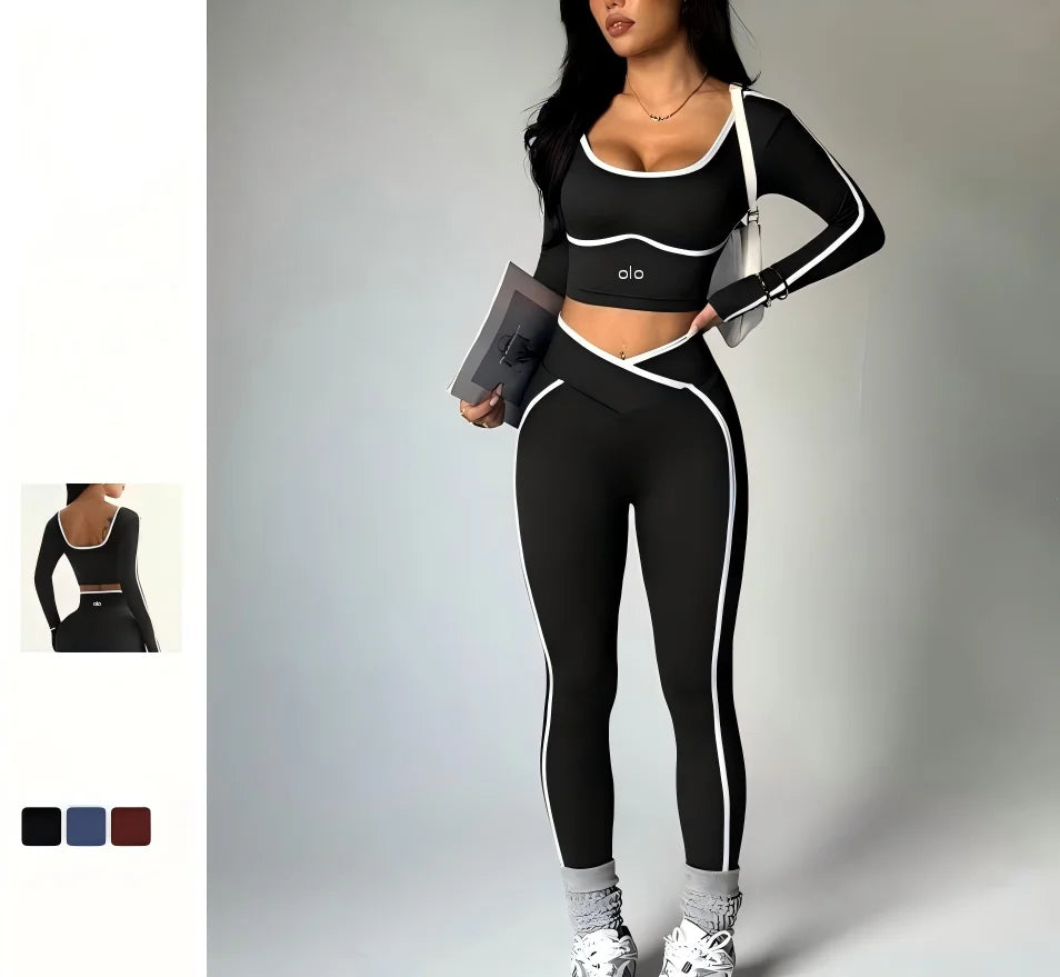 Women's Colour Block Yoga Set – Long Sleeve Crop Top & High Waist Leggings