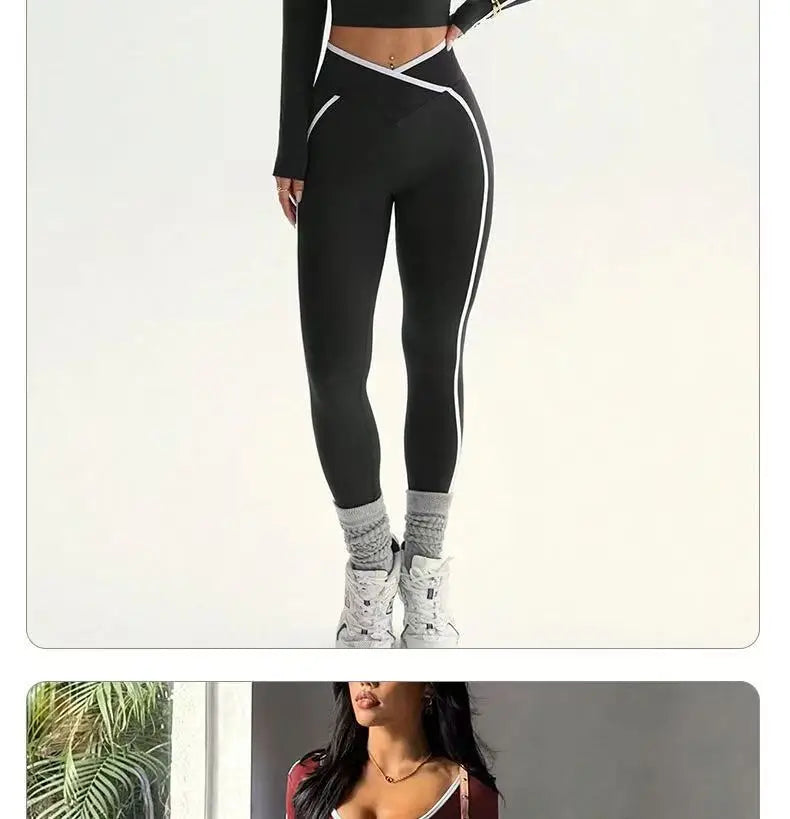 Women's Colour Block Yoga Set – Long Sleeve Crop Top & High Waist Leggings