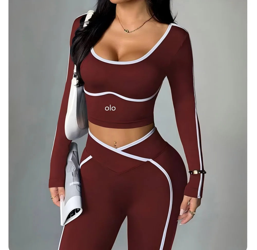 Women's Colour Block Yoga Set – Long Sleeve Crop Top & High Waist Leggings